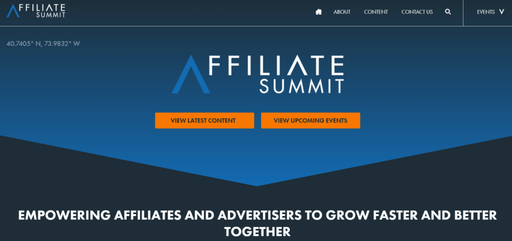 The Affiliate Summit homepage. 