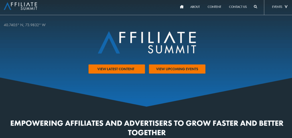 The Affiliate Summit homepage. 