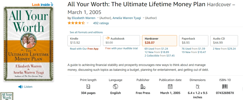 A screenshot of the Amazon listing of the All Your Worth: The Ultimate Lifetime Money Plan book, which introduces the 50/30/20 Budget Rule