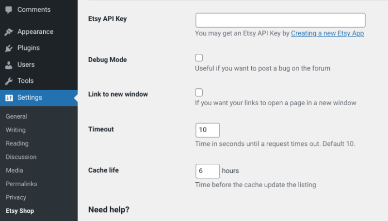 The screen to add the Etsy API Key in the WordPress plugin.