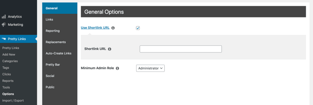 O painel de controle do Pretty Links. 