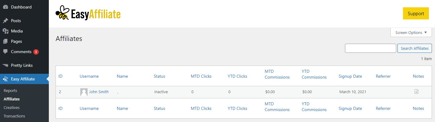 The Affiliates dashboard in Easy Affiliate.