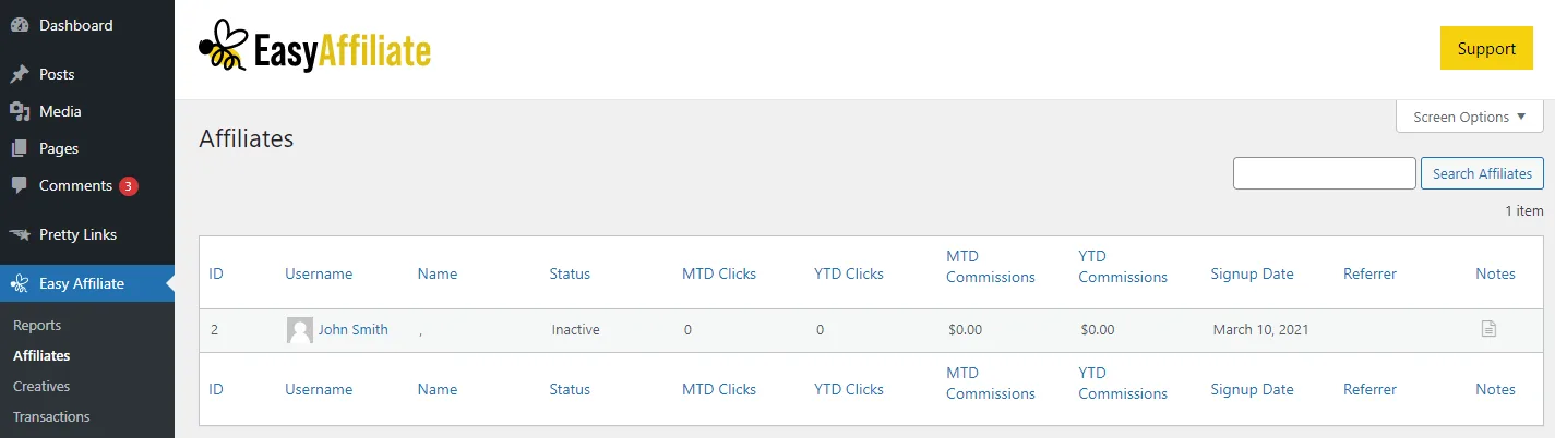 O painel de controle dos Afiliados no Easy Affiliate.