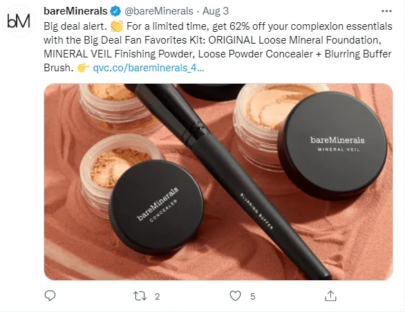Bare Minerals propose une offre limitée dans le temps dans un message sur Twitter.