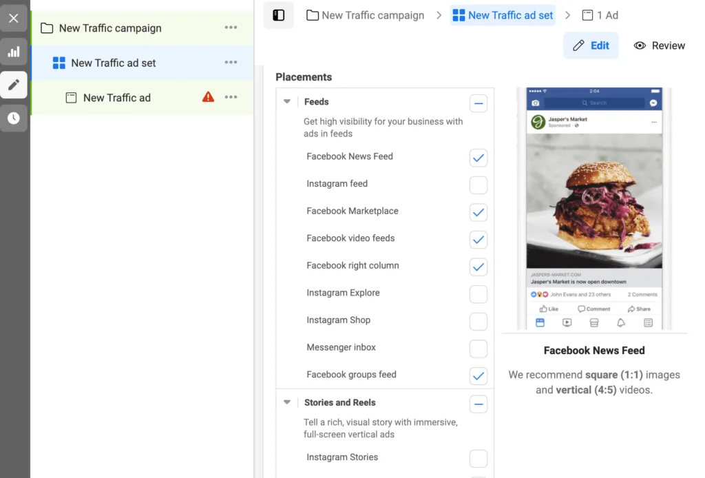 Choisir un emplacement publicitaire dans le Gestionnaire Facebook.