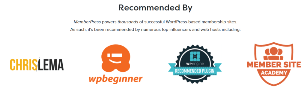 High-profile testimonials as social proof on the MemberPress website. 