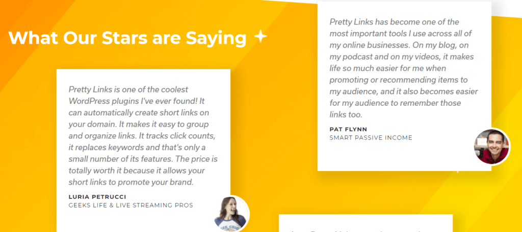 Examples of social proof with customer testimonials on the Pretty Links homepage. 