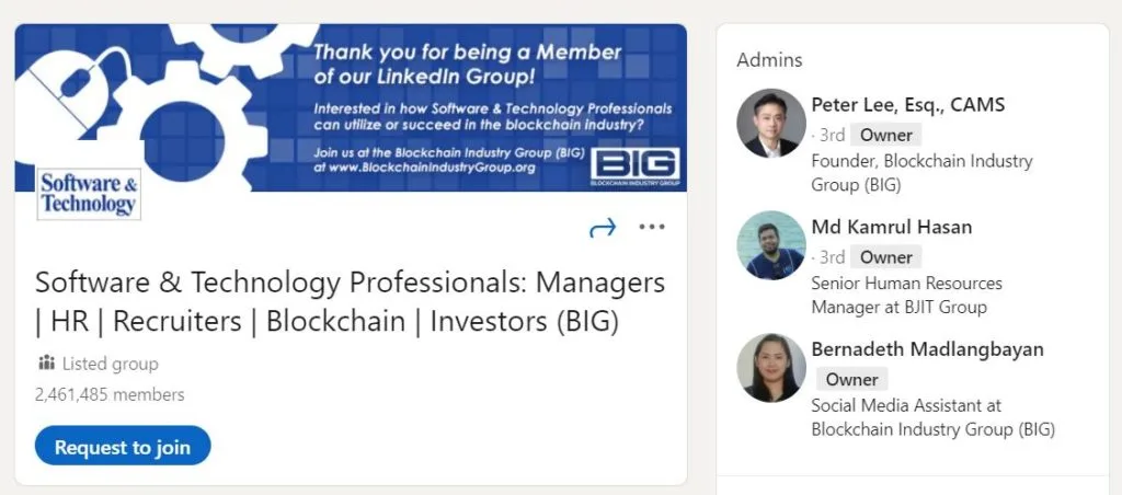 Um exemplo de um grupo de comunidade on-line profissional. 