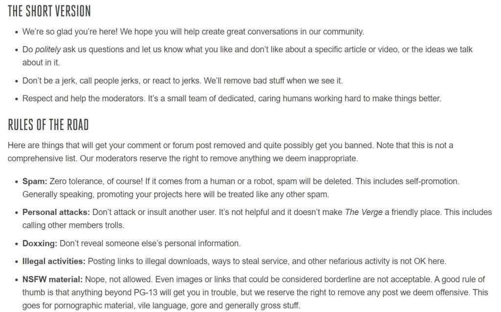 An example of community guidelines from the Verge community site. 
