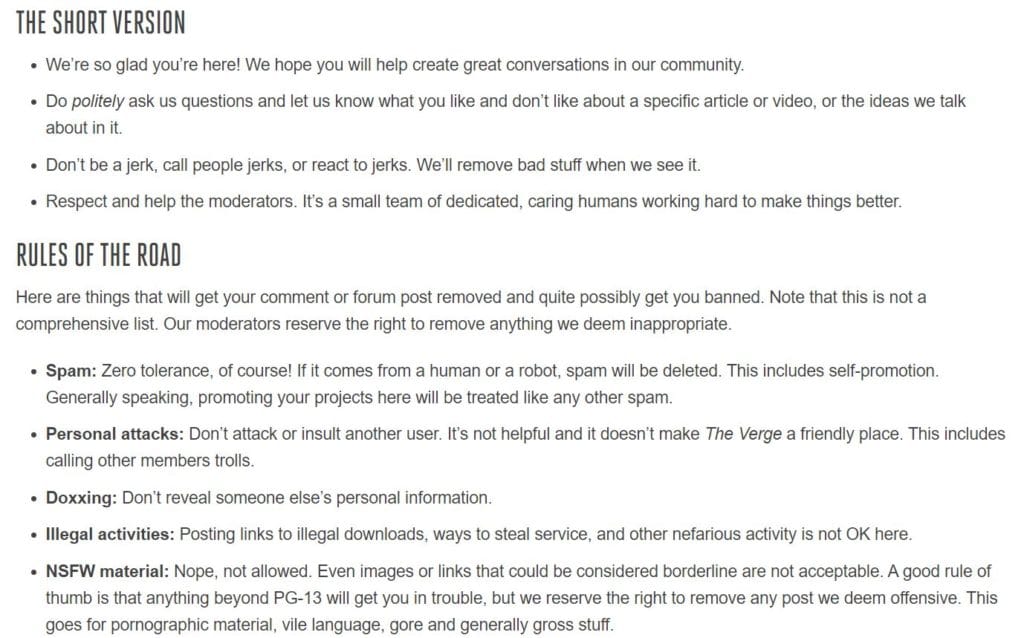 An example of community guidelines from the Verge community site. 