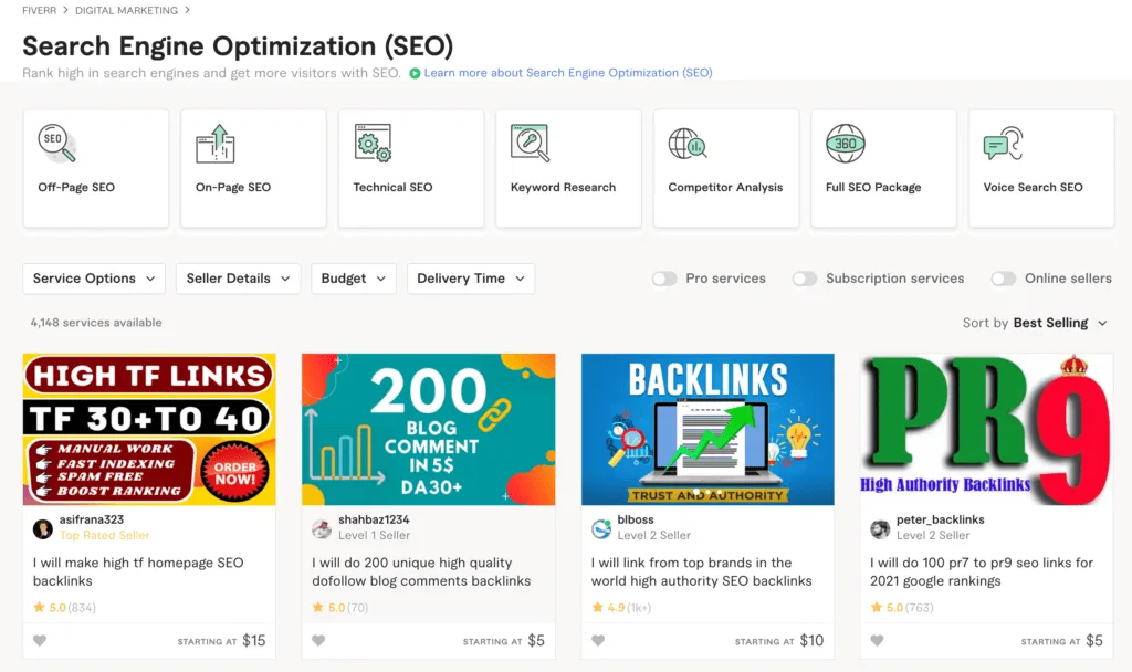 SEO é uma das muitas tarefas de terceirização acessíveis disponíveis na Fiverr 