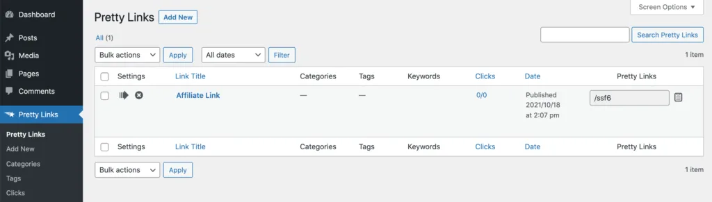 O painel de controle do PrettyLinks.