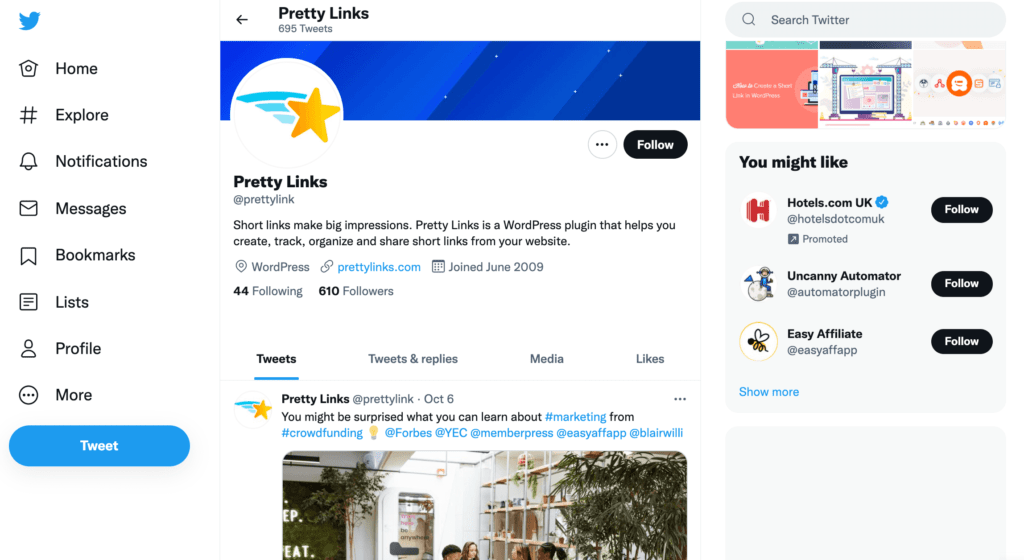The Pretty Links Twitter profile. 