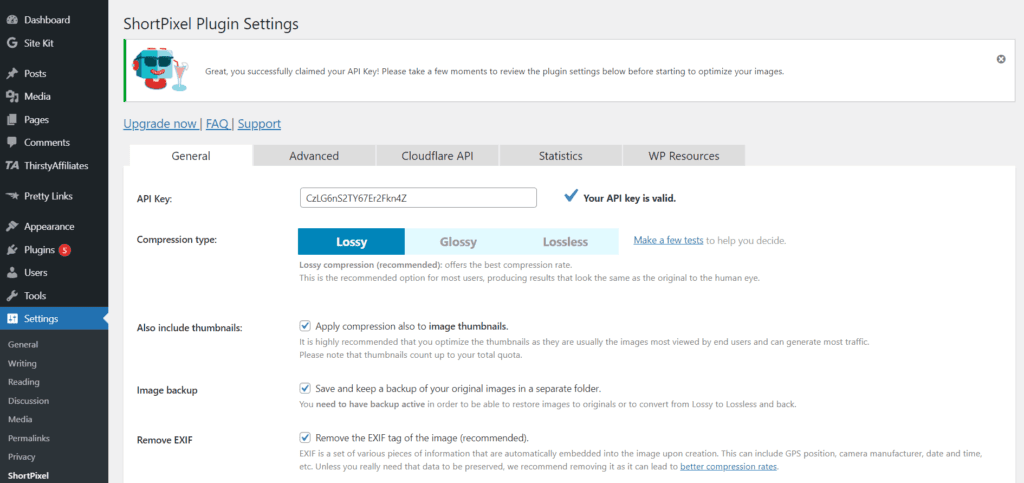 ShortPixel Plugin Setting page with options for getting started. 