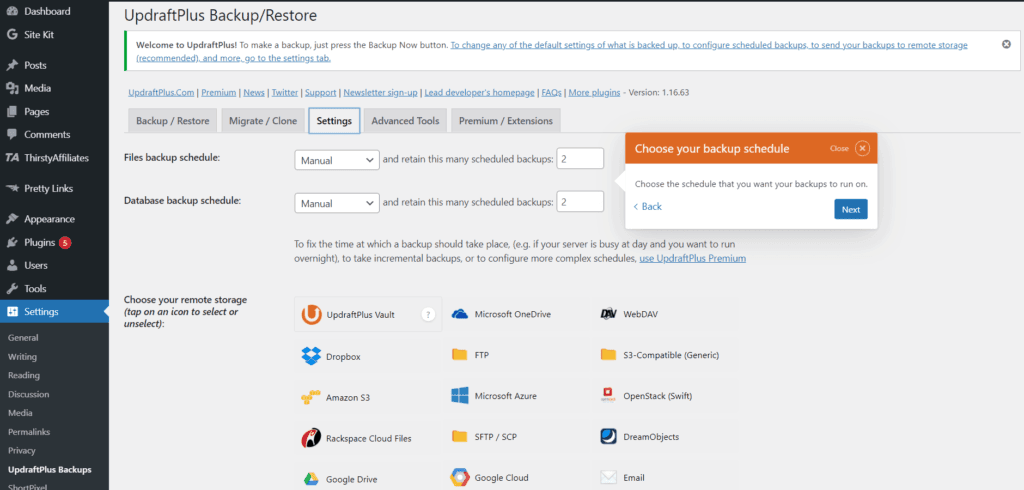 In the settings page of the Updraft Plus plugin, you can "choose your backup schedule."