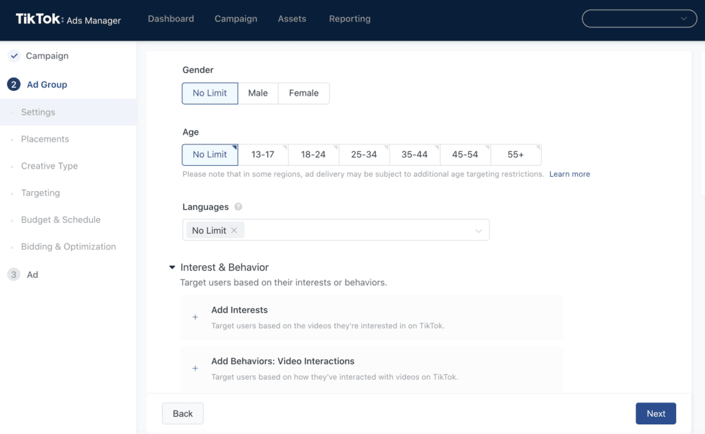 TikTok's ad targeting settings. 