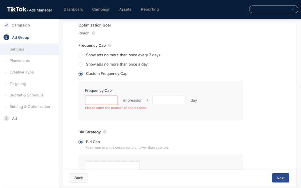 TikTok Ads Manager setting a Frequency Cap.