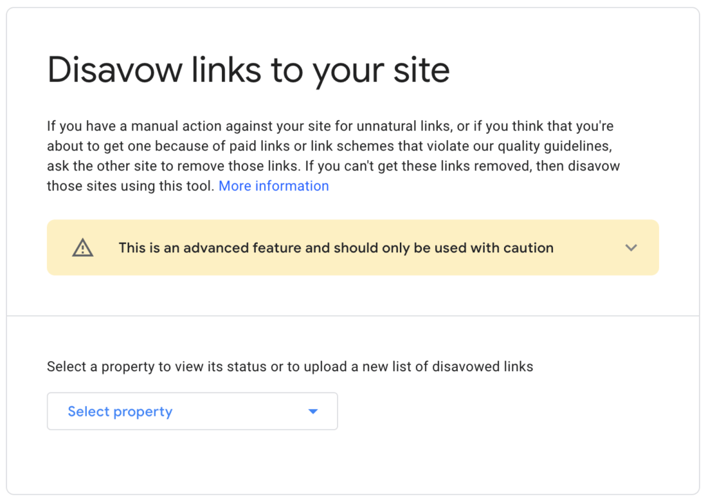 Google's disavow links tool page.
