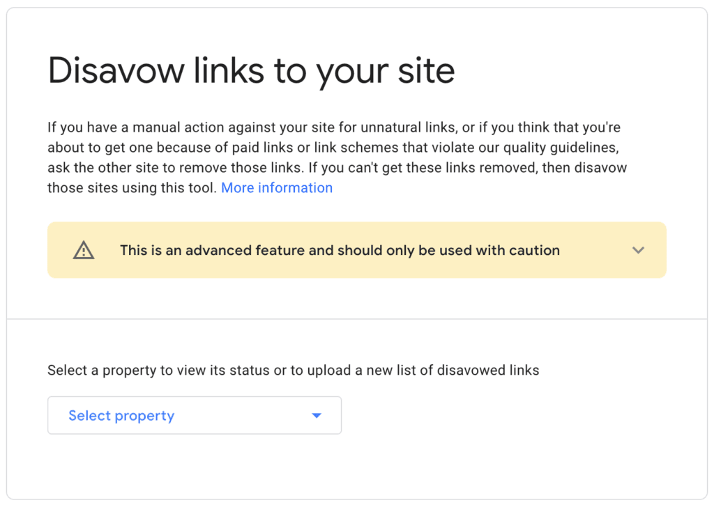 Google's disavow links tool page.