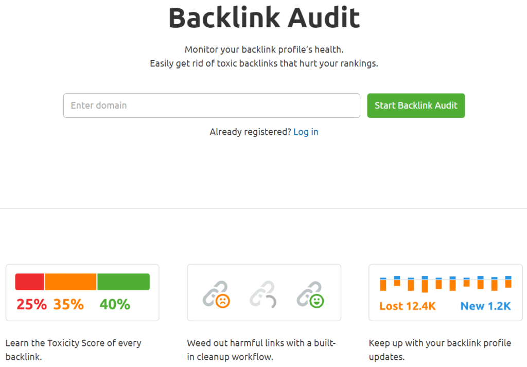 The SEMrush backlink audit tool enables you to identify toxic backlinks across the web. 