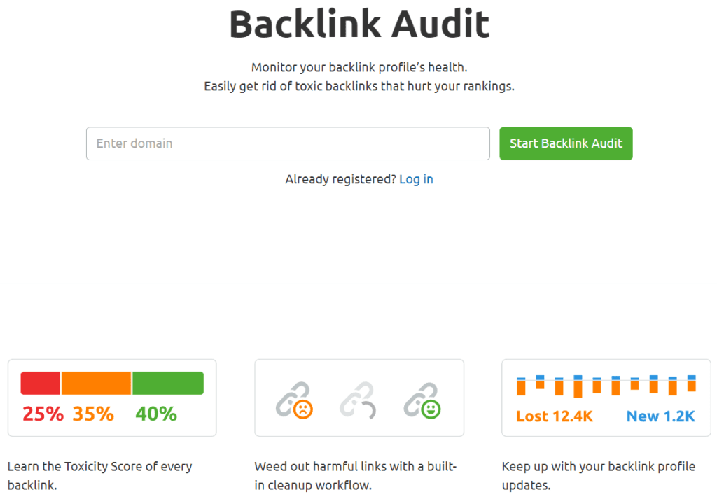 La herramienta de auditoría de backlinks de SEMrush te permite identificar backlinks tóxicos en toda la web. 