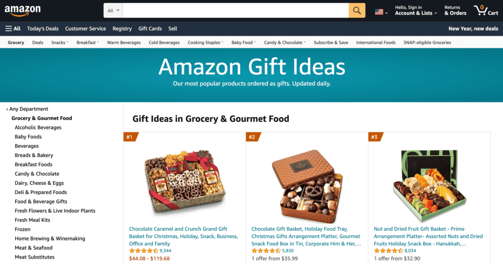 Page produit "Idées de cadeaux" d'Amazon. 