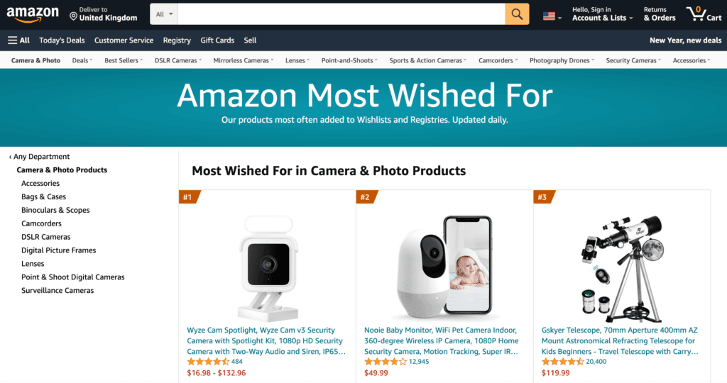 Amazon's Most Wished For page.