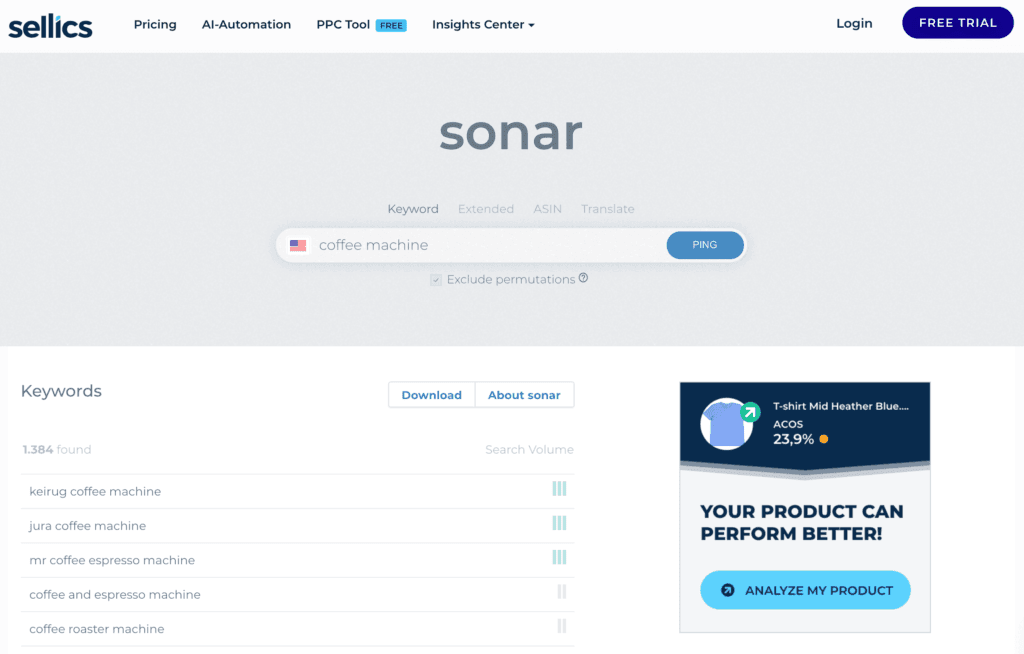 A ferramenta de pesquisa de palavras-chave Sonar Amazon Associates. 