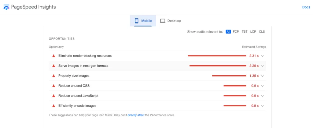 Pagespeed insights