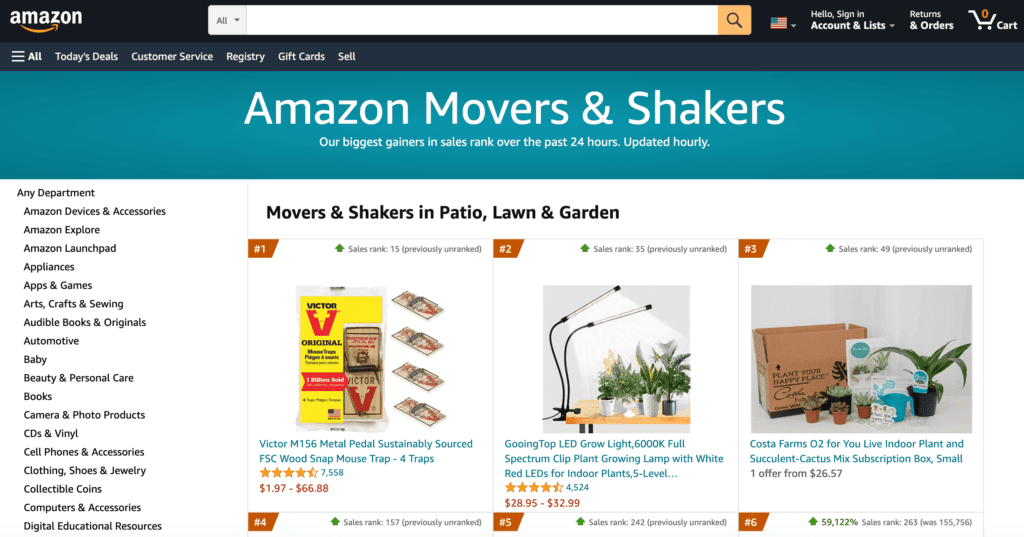 A página Amazon Movers & Shakers.