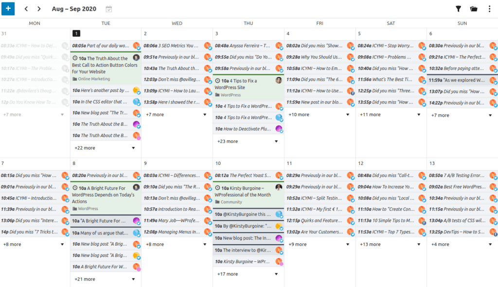 A content calendar made by the Nelio Content plugin.