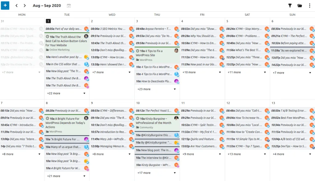 A content calendar made by the Nelio Content plugin.