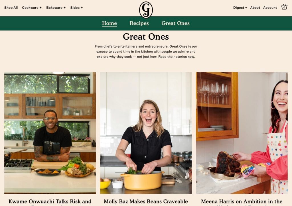 Great Jones makes cookware and promotes content featuring home chef’s stories and recipes.
