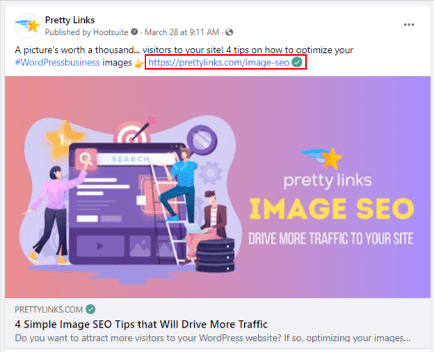 Un exemple de joli lien utilisé pour un post Facebook de Pretty Links