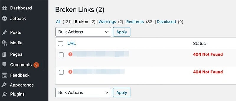 An example of broken links in WordPress.