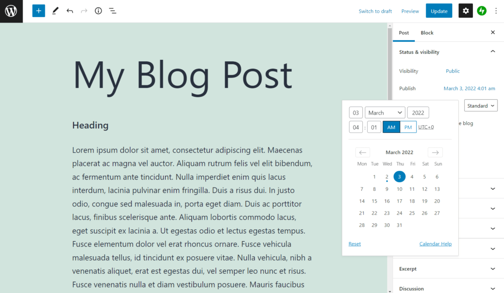 Changing the publication date on a WordPress blog post.
