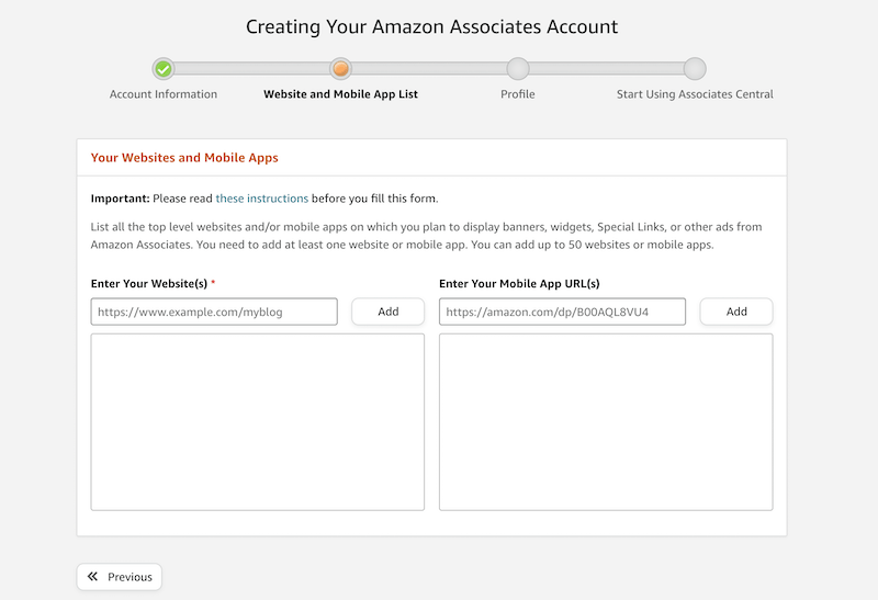 Add your affiliate marketing platforms to the Amazon Associates Website and Mobile App page
