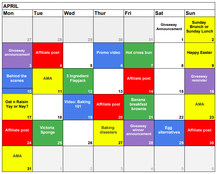 Color coded social media calendar