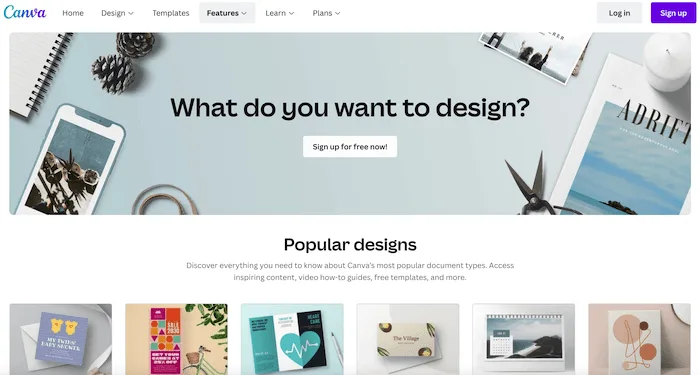 La page d'accueil de Canva. 