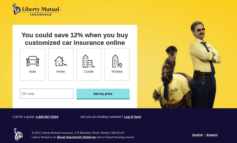 Liberty Mutual landing page with zip code form. 