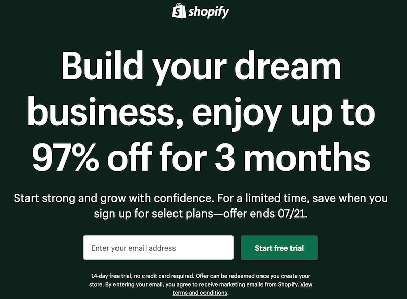 Shopify landing page with an email form. 