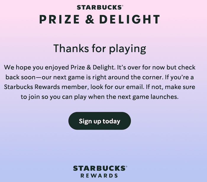 Halaman arahan Starbucks untuk program hadiah. 
