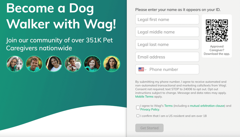 The Wag landing page with a contact form. 