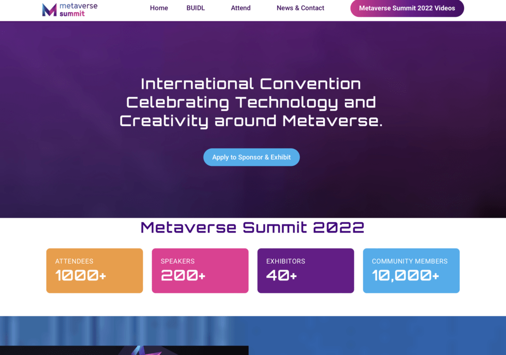 The Metaverse summit homepage.