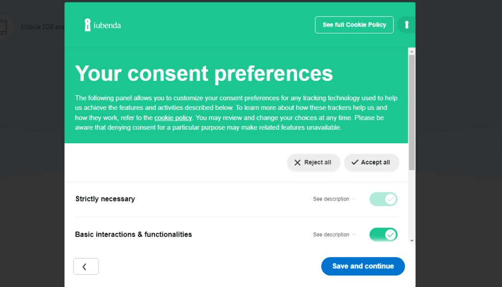 iubenda cookie consent preferences message