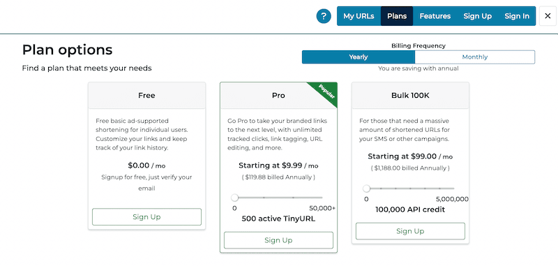 TinyURL pricing