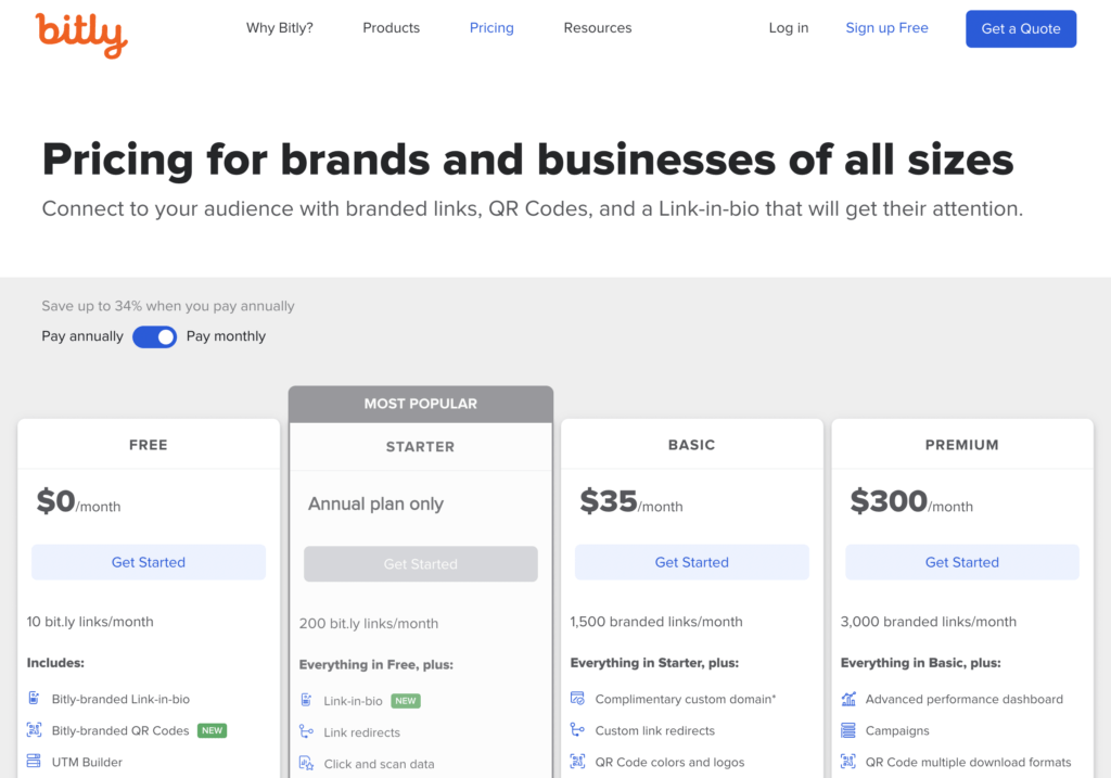 Bitly pricing page