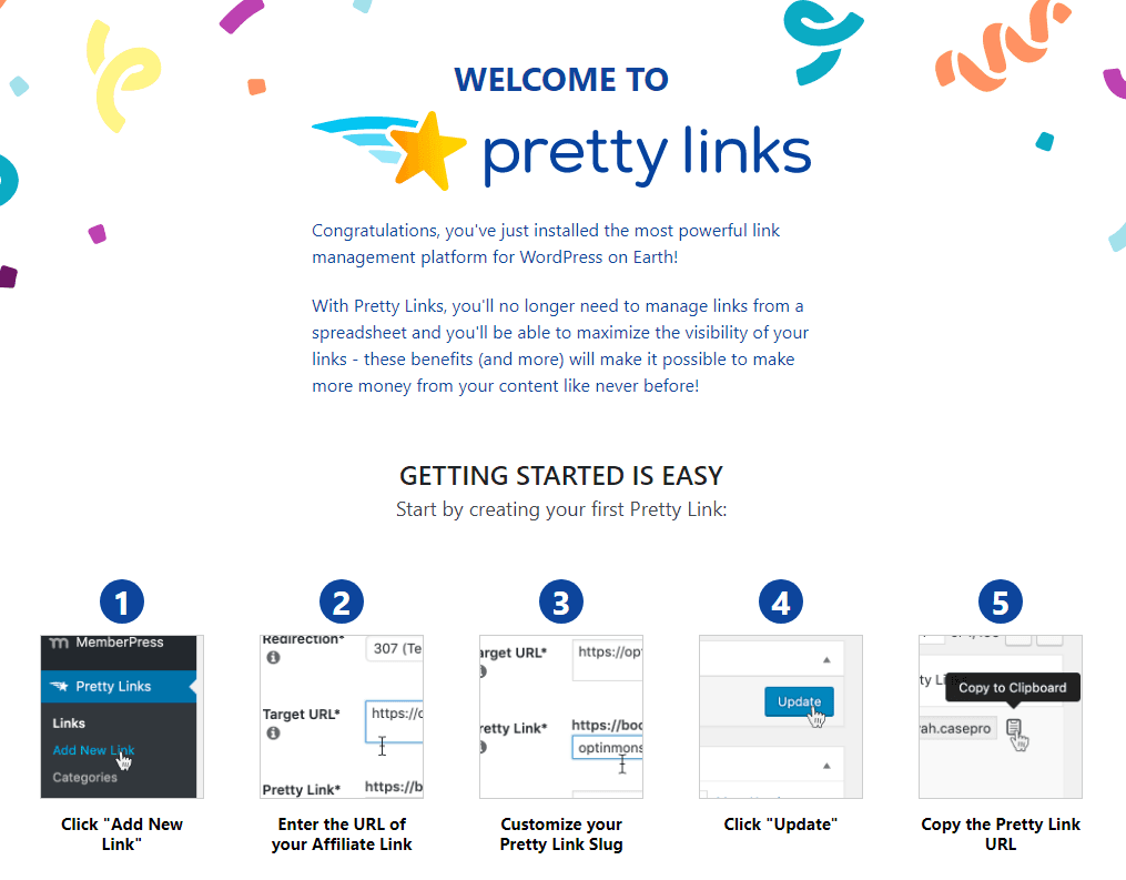 Pretty Links plugin onboarding