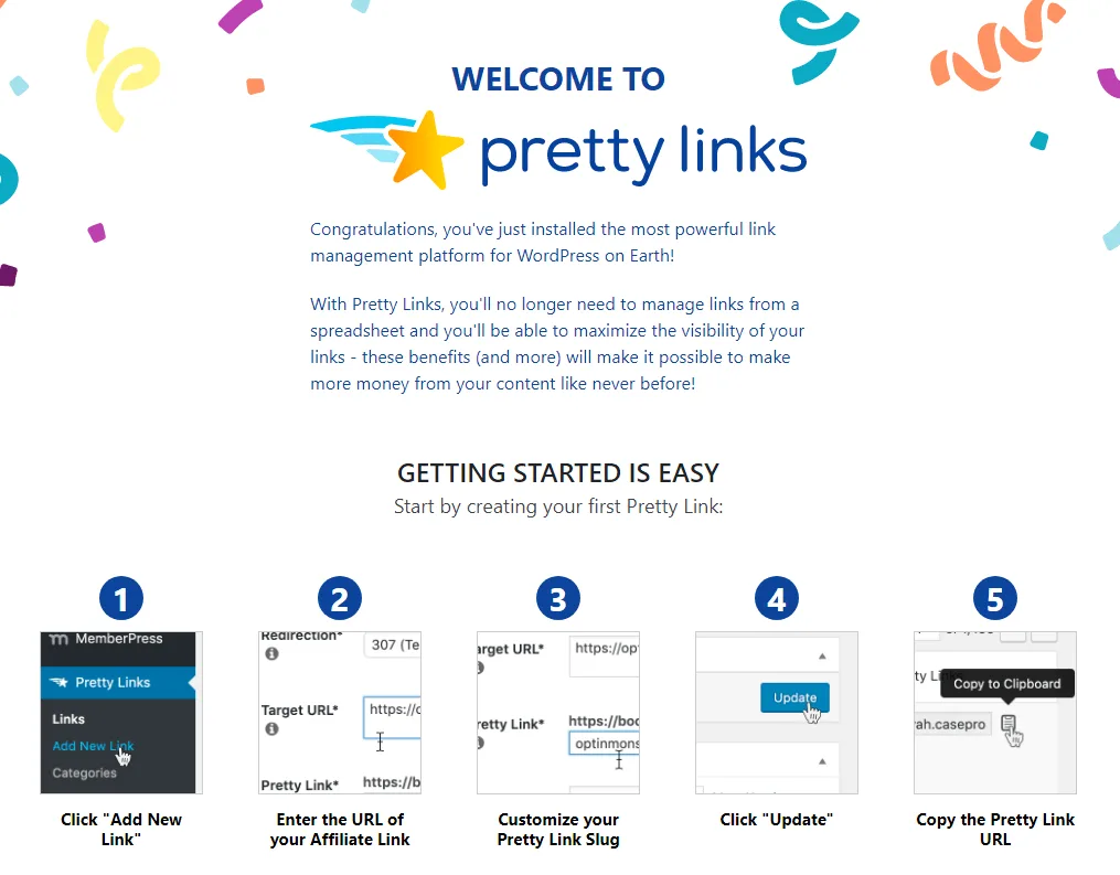 Pretty Links plugin onboarding