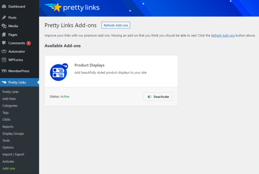 Install Pretty Links Product Display Add-on screen